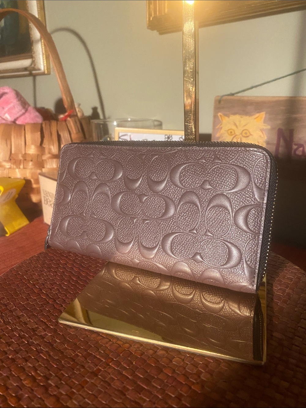 Coach Saddle Accordion Mahogany Brown Wallet in signature embossed leather
